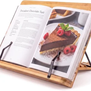 Bamboo Cookbook Stand Medium Adjustable Book Holder Tray and Page Paper Clips