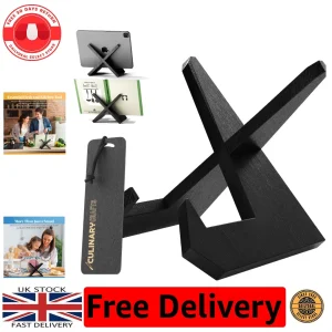 Multi-Functional Black Wood Cookbook Stand with Bookmark for Hands-Free Reading