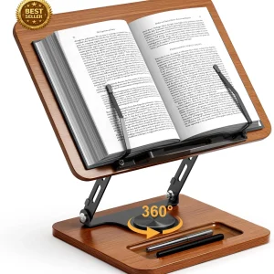 Book Stand for Reading, 360° Rotating Book Holder, Page Clips