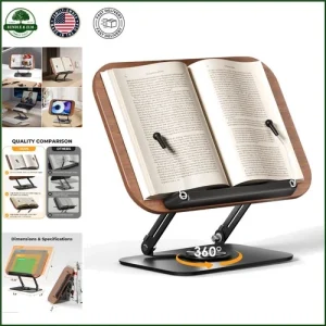 Adjustable Book Stand with Rotating Base for Recipes, Tablets, and Laptops