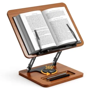Book Stand for Reading, 360° Rotating Book Holder, Page Clips